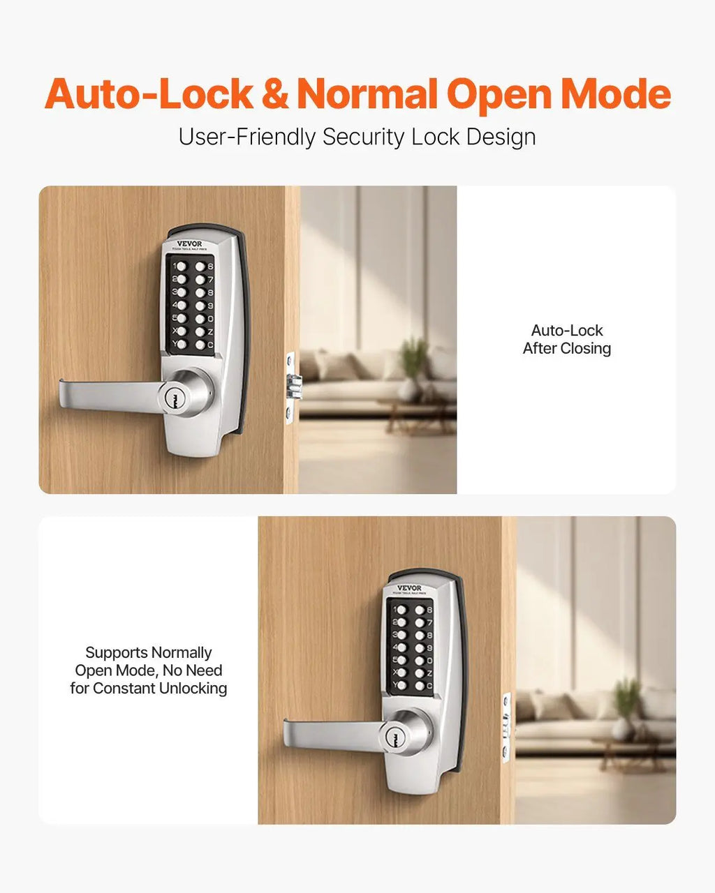 Mechanical Keyless Entry Door Lock Stainless Steel Waterproof Keypad Lock with Automatic Locking Mode for Home Office and Garage