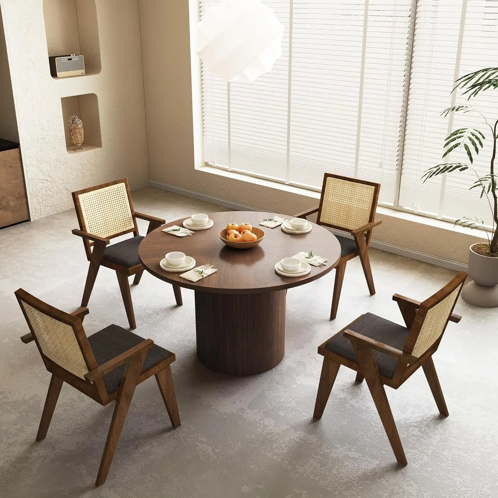 Fluted Round Dining Table, 47-inch Wood Kitchen for 4, Farmhouse Circle Table with Strip Base for Kitchen, Living Room, Walnut
