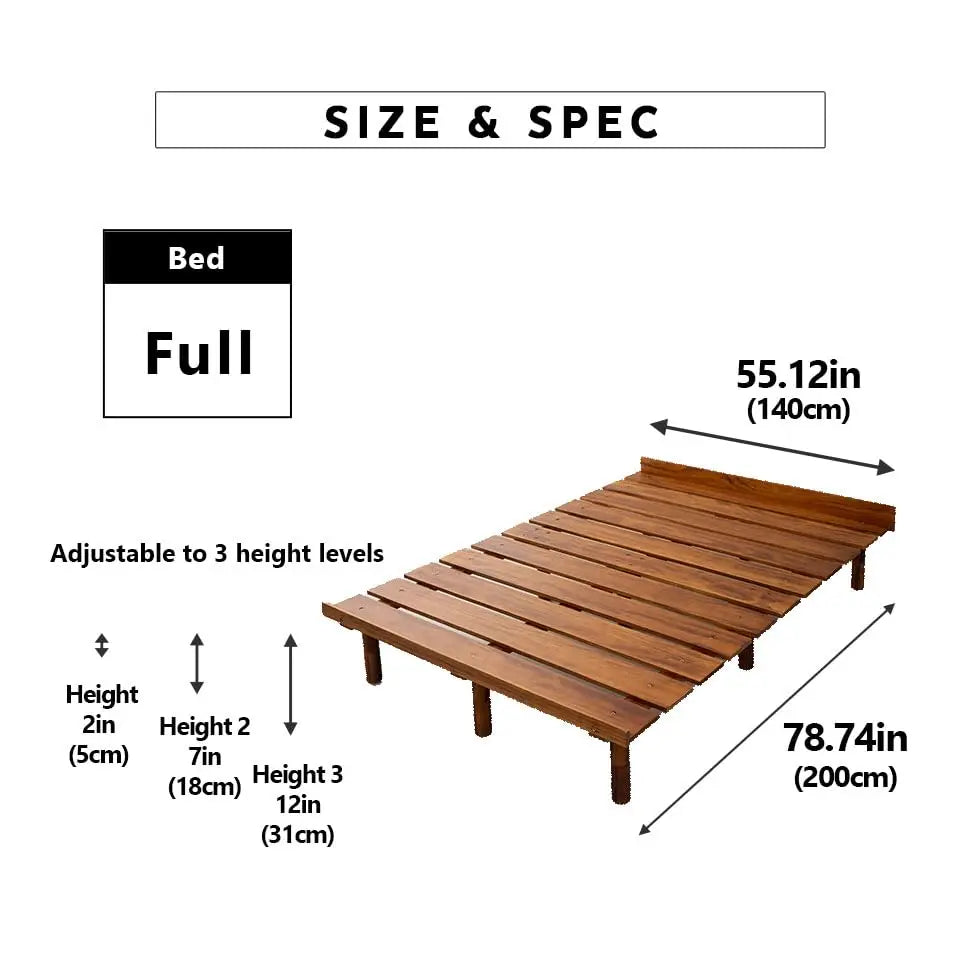 Wood Slatted Floor Bed Frame Full for Japanese Futon Mattress Solid Pine (Retro-Brown), Height Adjustable (2/7/12in) Tatam