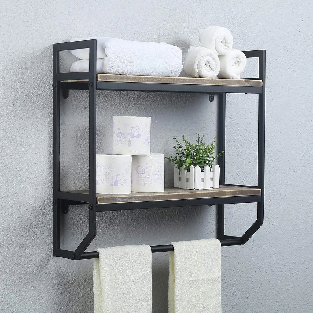 2-Tier Black Towel Rack with Shelves, Wall Mounted Bathroom Storage Over Toilet, Rustic Floating Utility Holder