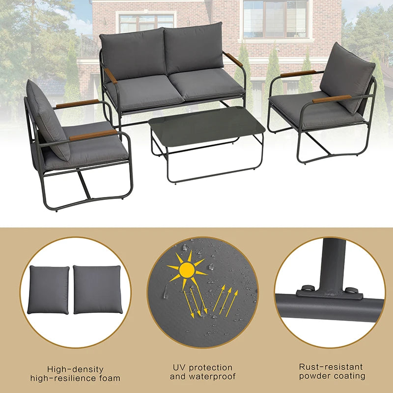4-Piece Outdoor Patio Furniture Sets, Patio Conversation Set with Removable Seating Cushion, Courtyard Patio Set for Home, Yard,