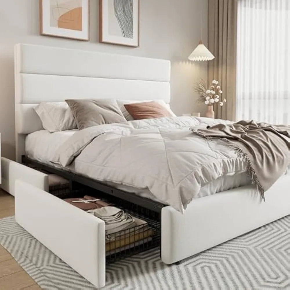 Contemporary Queen-Sized Platform Bed with Storage Drawers and Velvet Headboard, Wood Slat Support