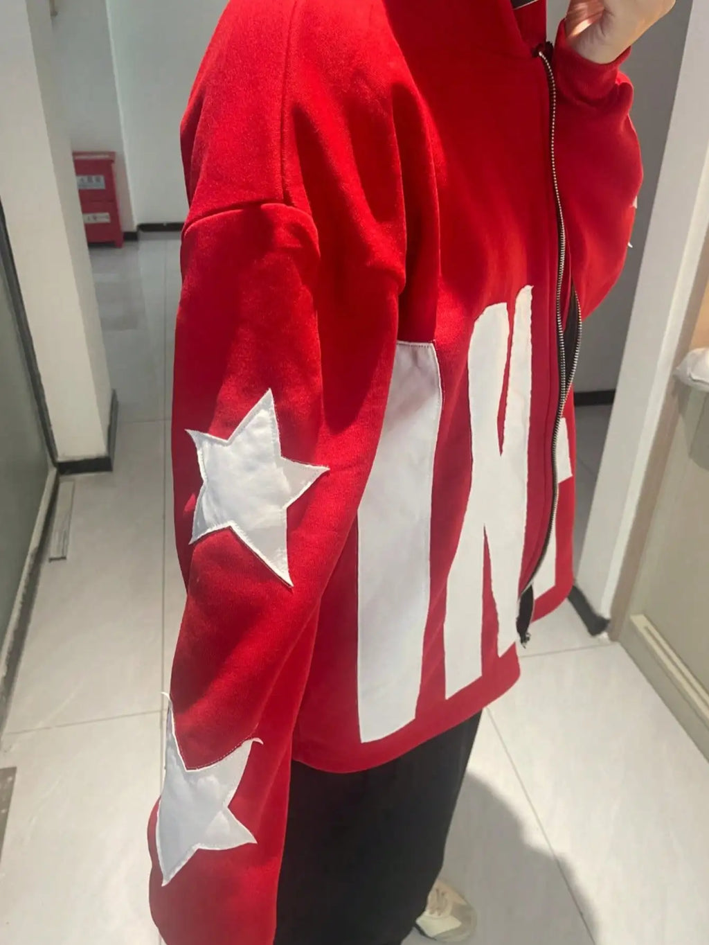 INFW fall jackets for Womens  loose fit Fleece Jacket American Retro Red zip up Hoodie Street Hip-Hop Style Jacket Unisex