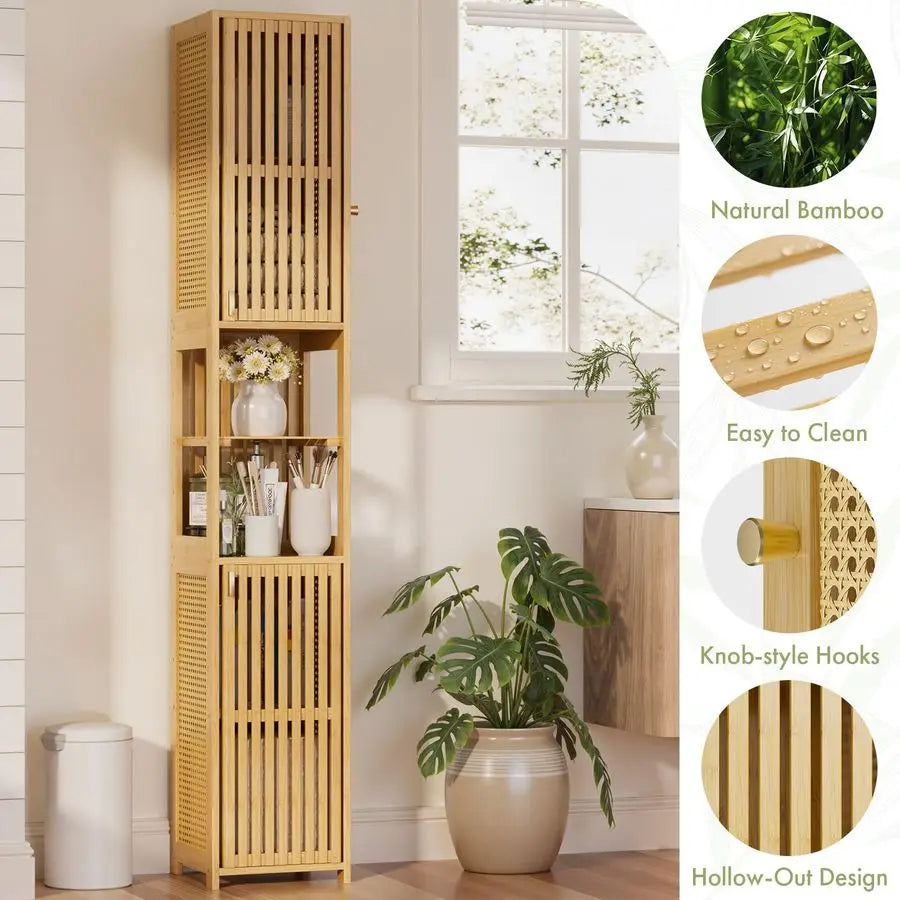 70 Tall Bathroom Storage Cabinet Bamboo, Slim Storage Cabinet with Rattan Door and Adjustable Shelves, Narrow Freestanding Organ