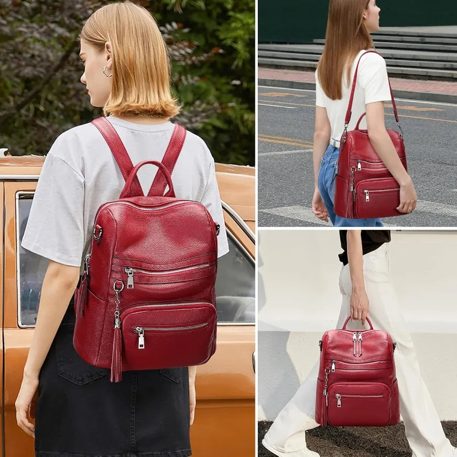 ALTOSY Genuine Leather Backpack Purse for Women Large Shoulder Bag With Laptop Compartment Multiple Pockets S106 Red