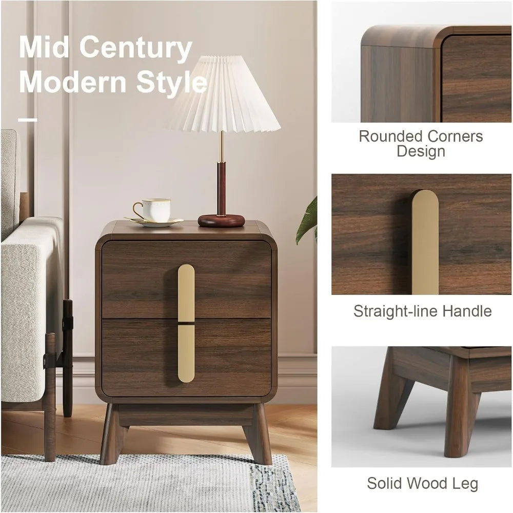 Pair of Mid-Century Modern Nightstands with Drawers, Metal Handles, and Curved Brown Profiles for Storage