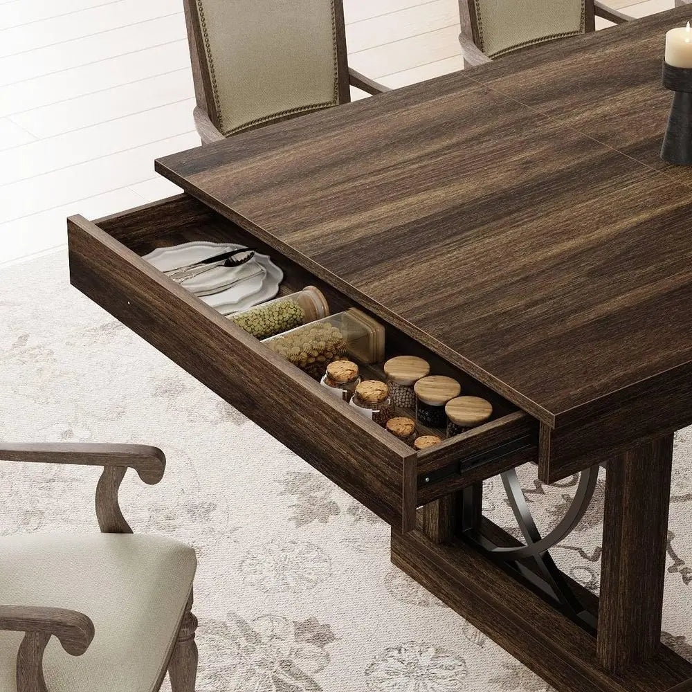 Rectangular Wooden Dining Table for 6-8, Large Kitchen Table with Double Pedestal Base, Sturdy Frame, 71-Inch, Suitable for Dinn