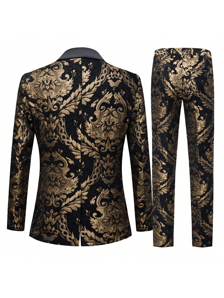 Men's jacquard Silm fitted suit 2-piece set with shawl collar and tailcoat, suitable for weddings, parties, dances, and other oc