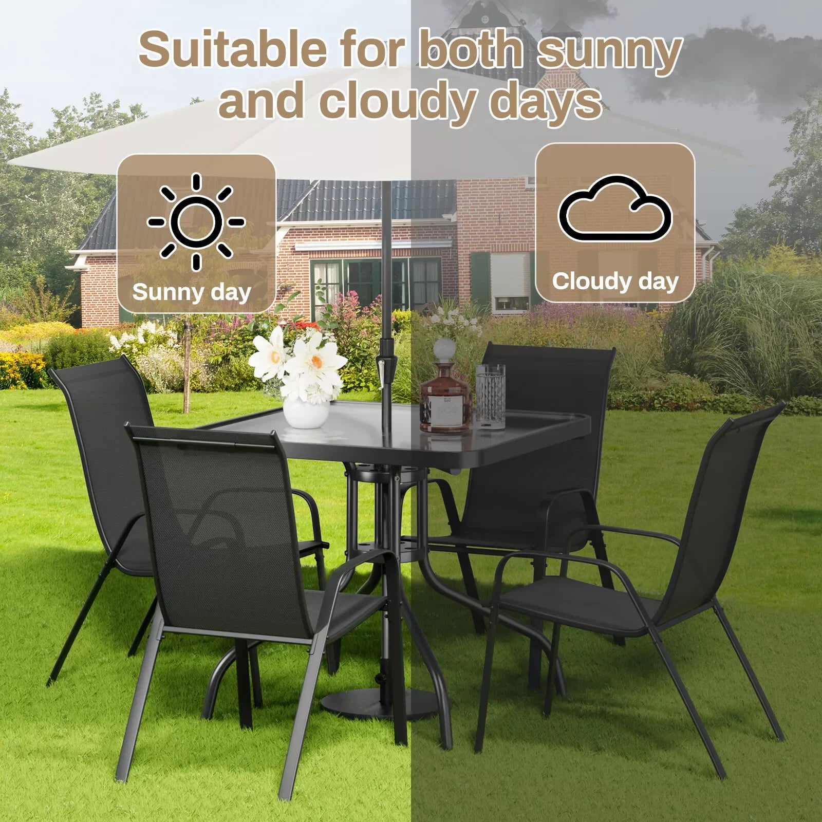 Patio Dining Set 5 Pieces, All Weather Outdoor Furniture W/ 30"x30" Table and 4 Stackable Textilene Chairs, Metal Table & Chairs