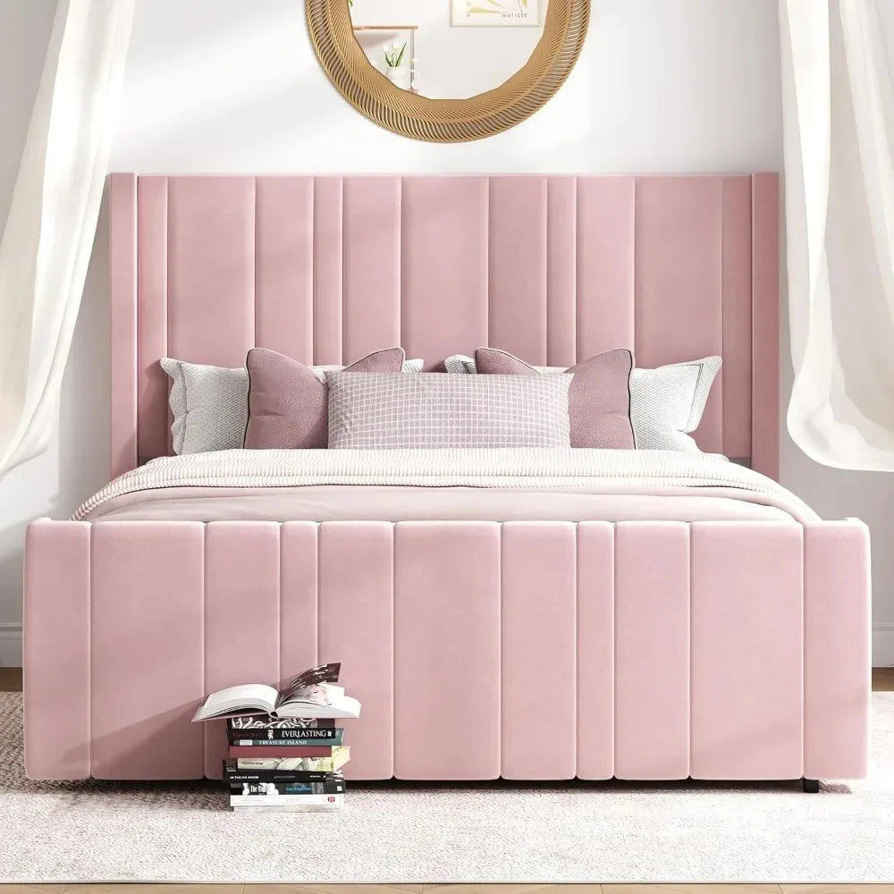 Queen Bed Frame Pink Upholstered Bed with Vertical Channel Tufted Headboard & 22" Footboard, Noise Free/Wooden Slats，Customized