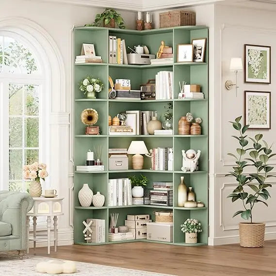 6-Tier Tall Corner Bookshelf with Open Storage, Wooden 74 High Bookcase for Home Organization and Storage Solutions