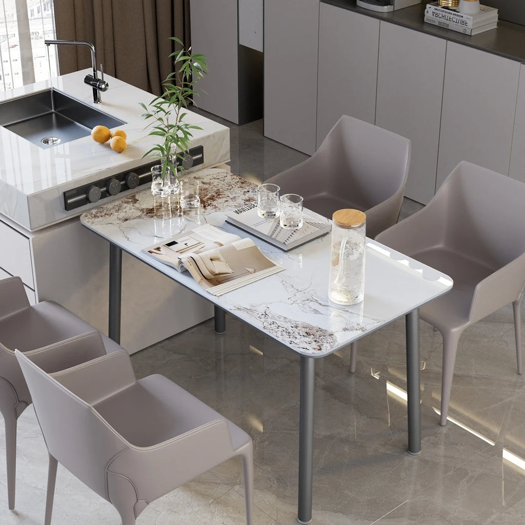 63''Rectangular Sintered Stone Dining Table Tempered Glass Top & Aluminum Frame Kitchen Table for 6-8 Persons No Chairs Included