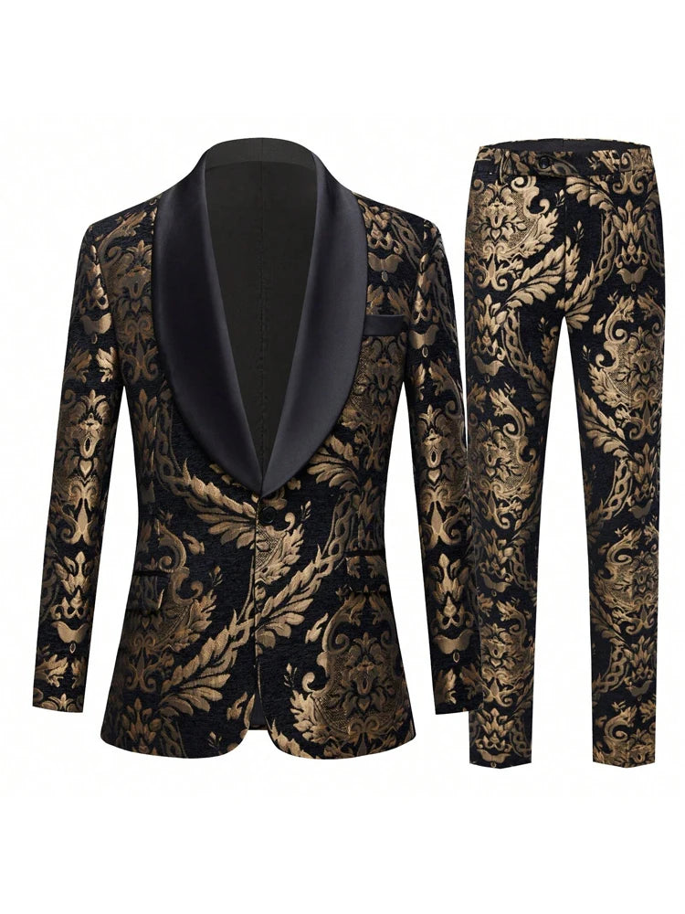 Men's jacquard Silm fitted suit 2-piece set with shawl collar and tailcoat, suitable for weddings, parties, dances, and other oc