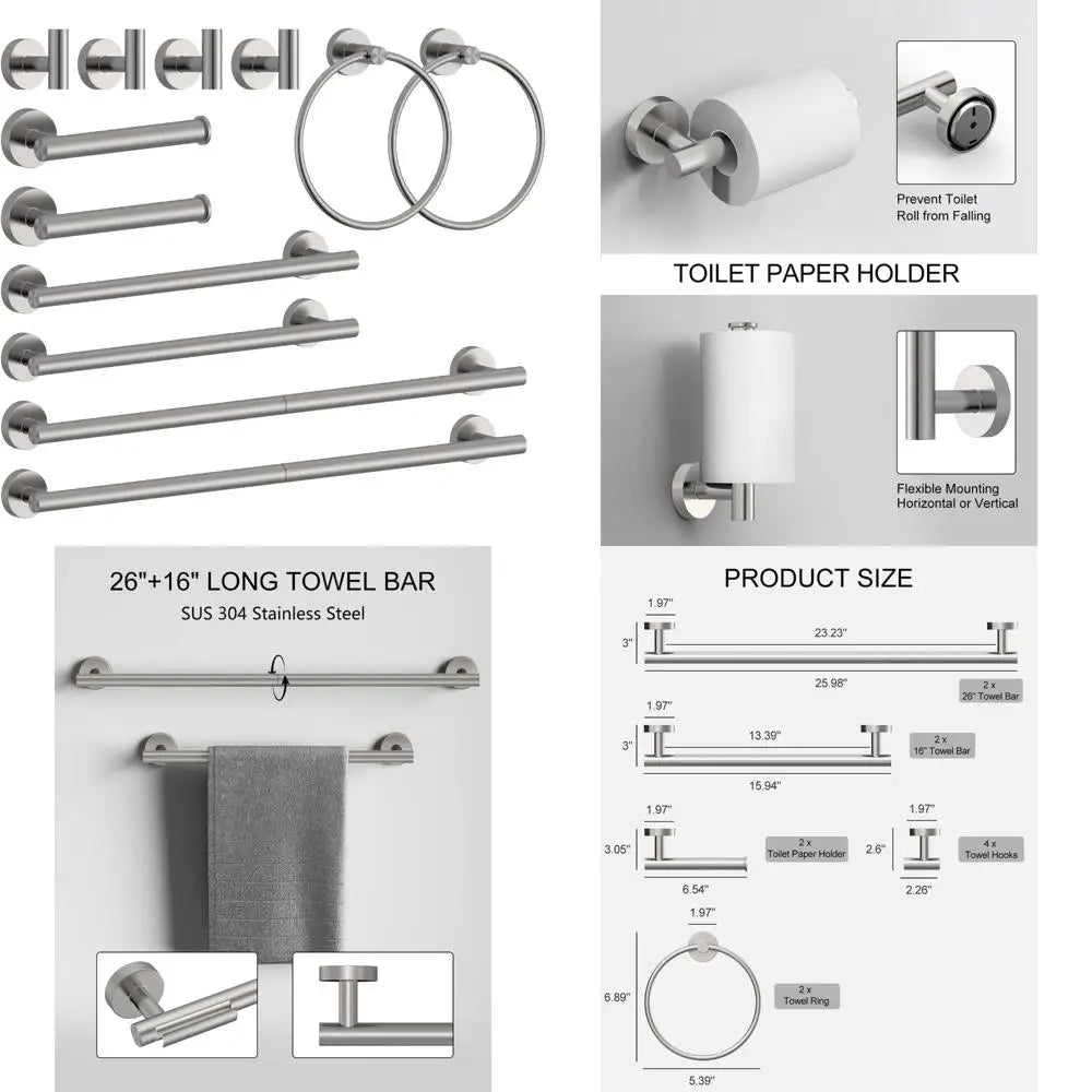 Stainless Steel Bathroom Hardware Accessory Set - 12 Piece Brushed Nickel Towel Holder and Rack Combo for Modern Bath Design