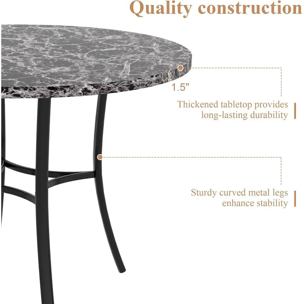 Space-Saving Grey Faux Marble Round Dining Table for 4 with Metal Frame, Ideal for Kitchen and Apartment