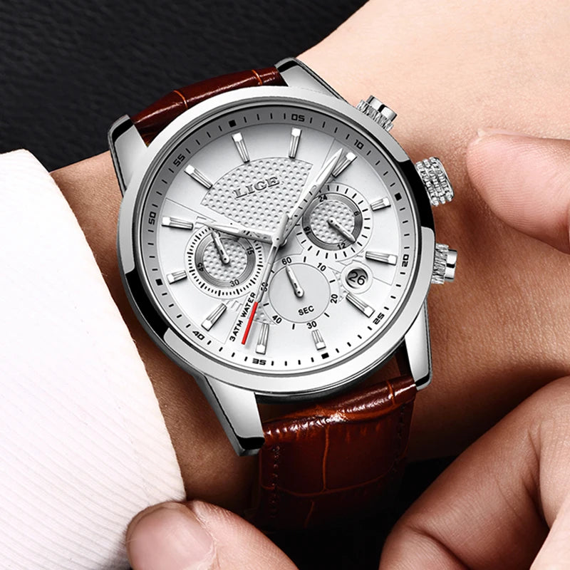 LIGE Watch Men Fashion Leather Sports Watches Men's Army Military Quartz Wristwatch Chronograph Male Clock Relogio Masculino