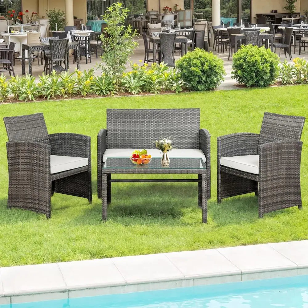Gray Rattan Outdoor Patio Furniture Set: 4-Piece Wicker Conversation Chairs with Cushions for Garden, Poolside, or Indoor Use