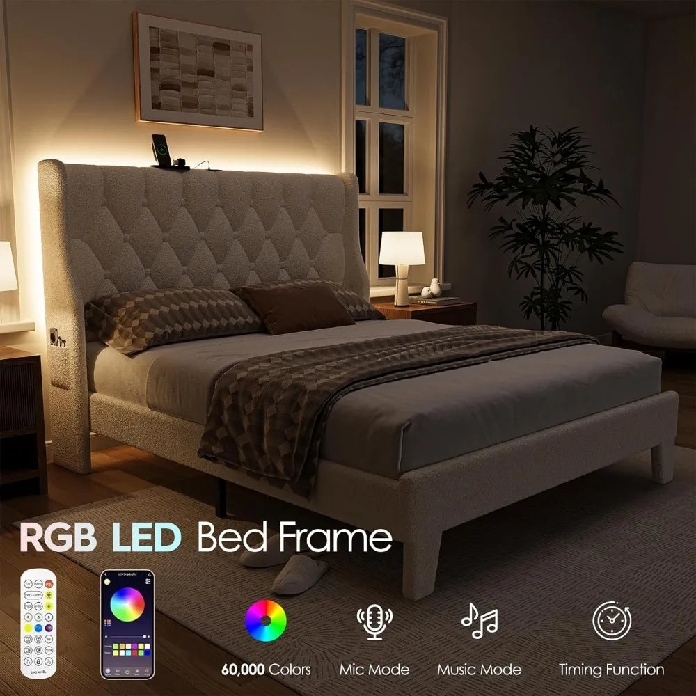 Full Size Bed Frame with Headboard, White Platform Bed Frame with Type-C and USB Ports, Wingback Bedframe with Headboard and Sto