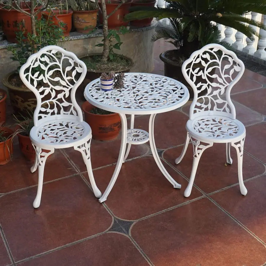 Patio Bistro Sets 3 Piece cast Aluminum Patio Furniture Outdoor Garden Metal Rust Proof Tables and Chairs White bisrto Set Leaf