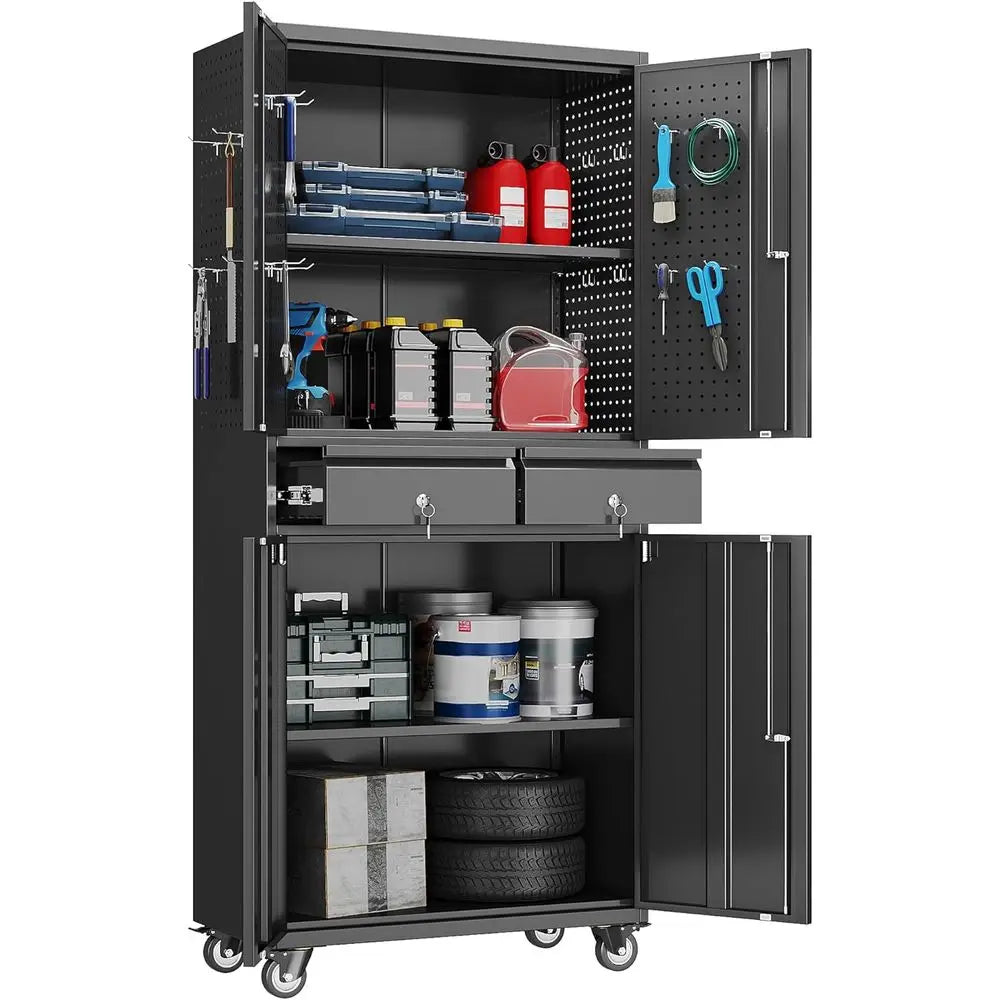 Portable 2-Drawer Metal Storage Cabinet with Adjustable Shelves, Lockable Rolling Tool Chest for Garage and Workshop