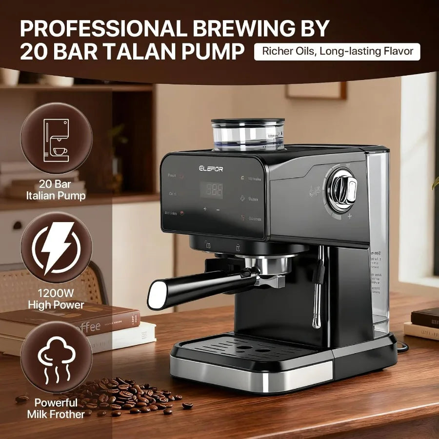 Professional Home Espresso Machine 20 Bar with Grinder and Milk Frother for Latte Cappuccino Black