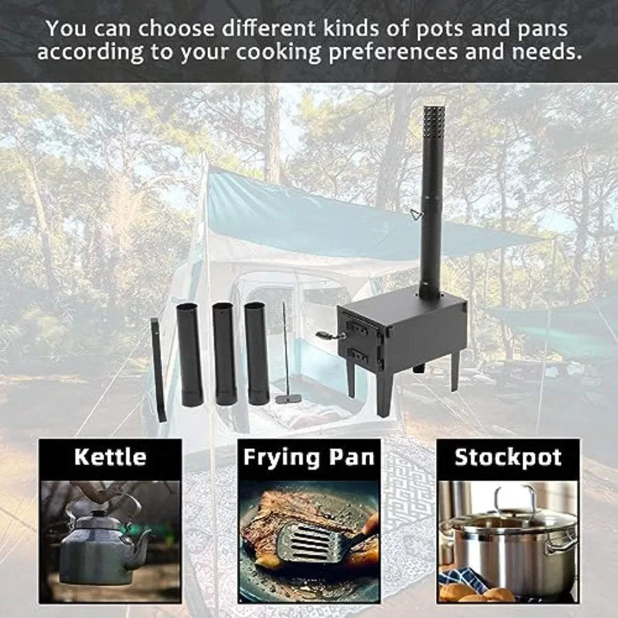 Portable Wood Burning Stove for Outdoor Cooking Fishing Hiking and Travel Compact Design with Storable Chimney Pipes for Effici