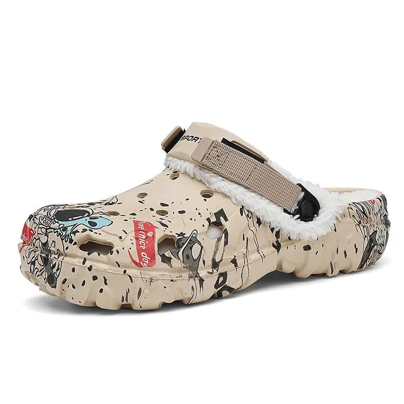 Winter Anti-Slip Fleece Lined Large Size Cotton Slippers Removable Upgraded EVA Clog Shoes for Men Breathable Slip-On Shoes