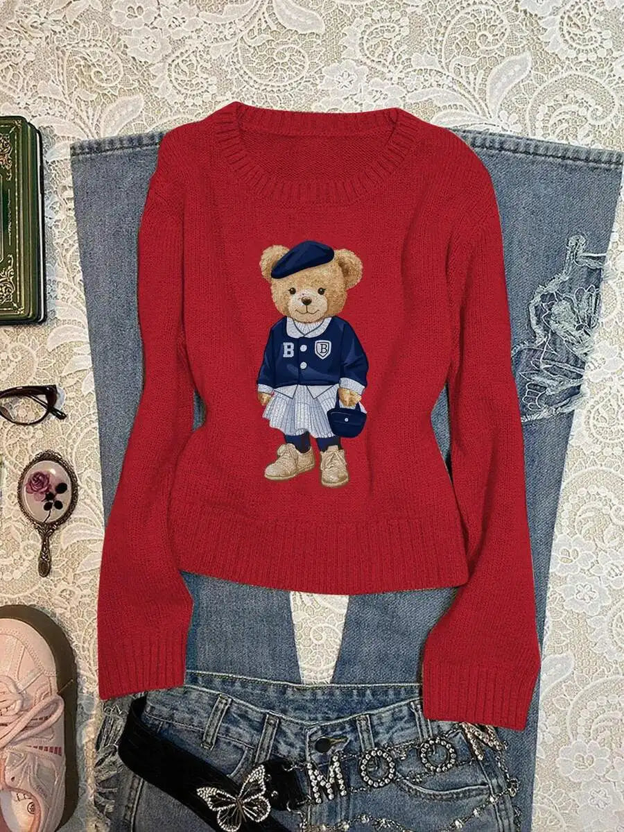 Navy Blue Collegiate Bear Print Pullover Sweater for Women, Autumn Winter Casual Style