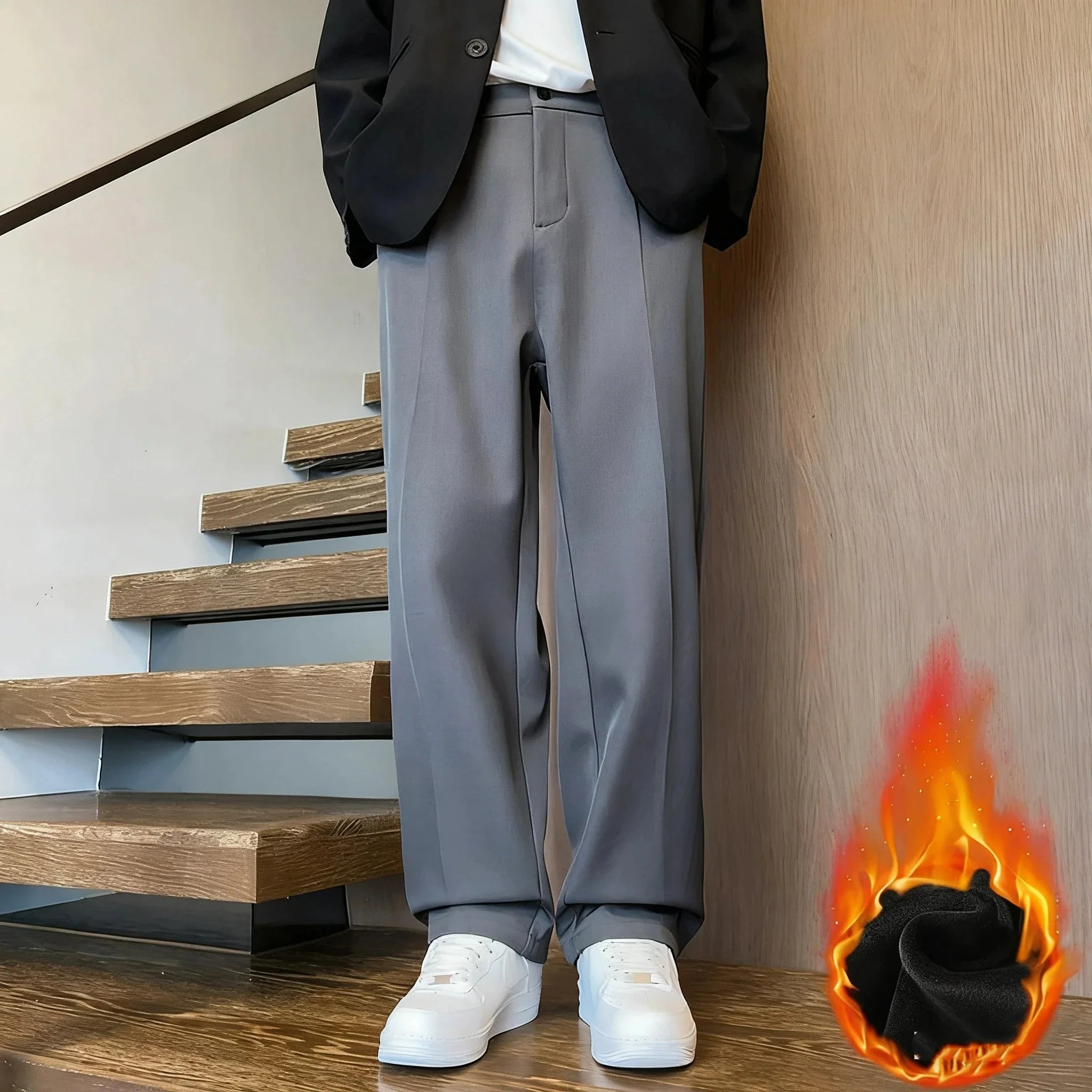 Men Autumn Winter Fleece Lined Trousers High Waisted Flannel Pants American Style Straight Wide Leg Bootcut Draping Men Pants
