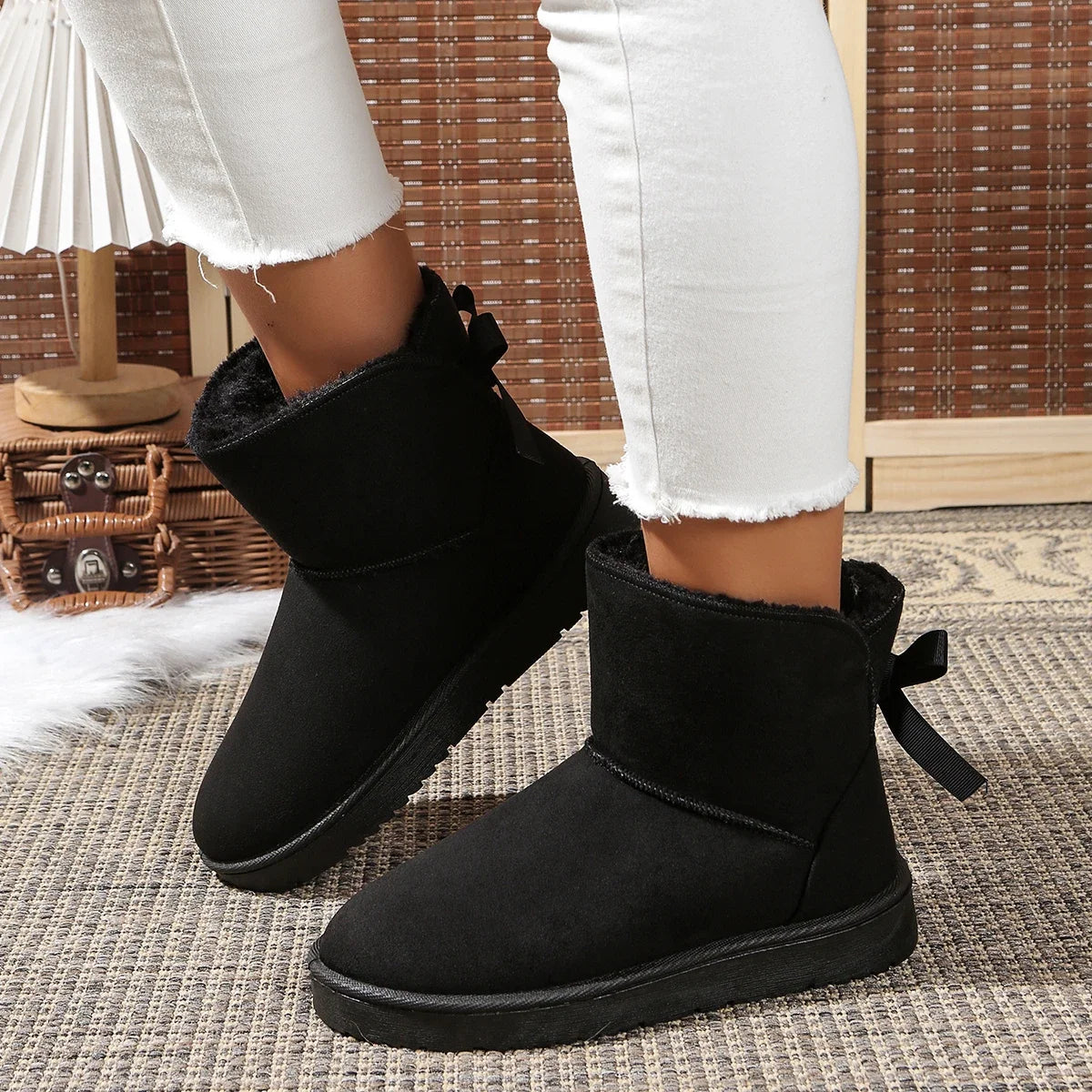 2025 New Women Snow Boots Couples Ankle Boots Fashion Round Toe Bow Thick Plush Casual Comfortable Women's Boots