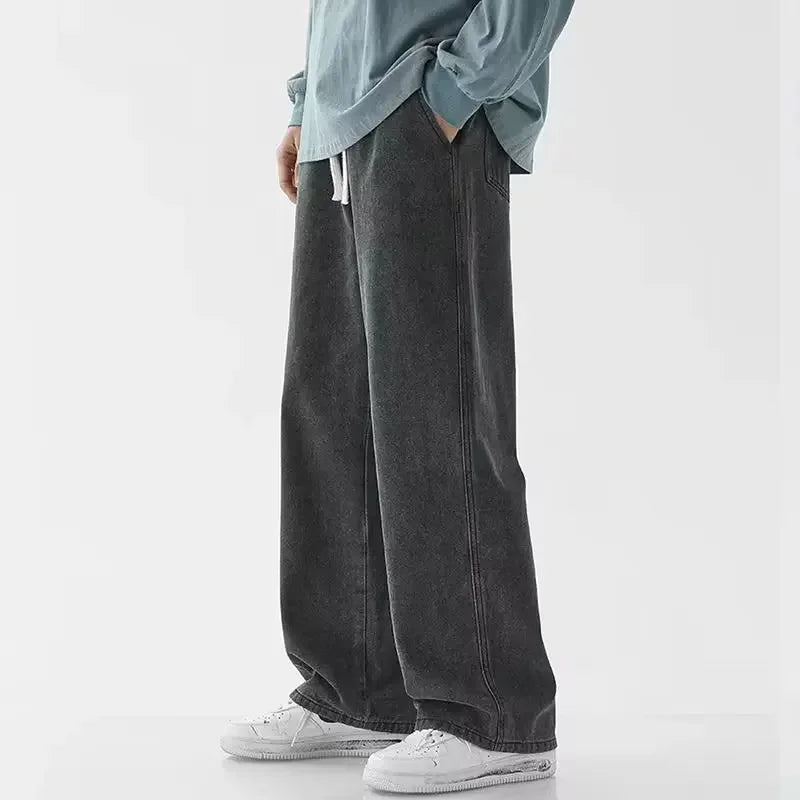 2025 New Korean Men's Casual Long Jeans Classic Man Straight Denim Wide-leg Pants Solid Color Light Blue Grey Black
