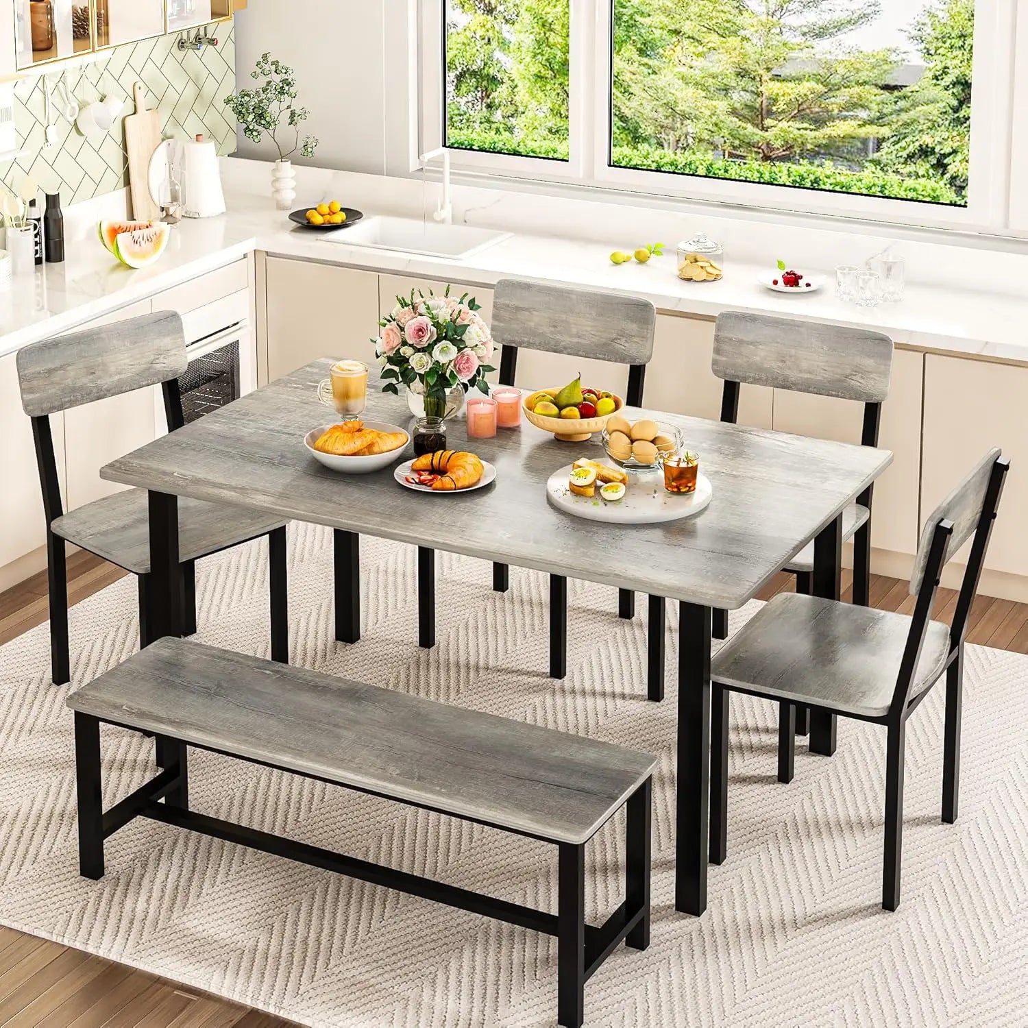 6-Piece Dining Set, Modern Dining Table Set for 4-6,Kitchen Table Set with Chairs and Bench,Dining Room Table Set, Customized