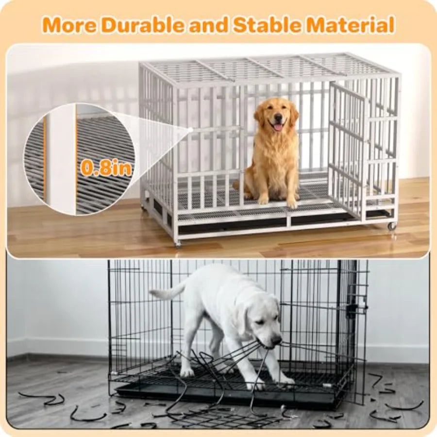 48 Inch Heavy Duty Indestructible Dog Crate Steel Escape Proof Indoor Double Door High Anxiety Cage with Wheels Removable Tray