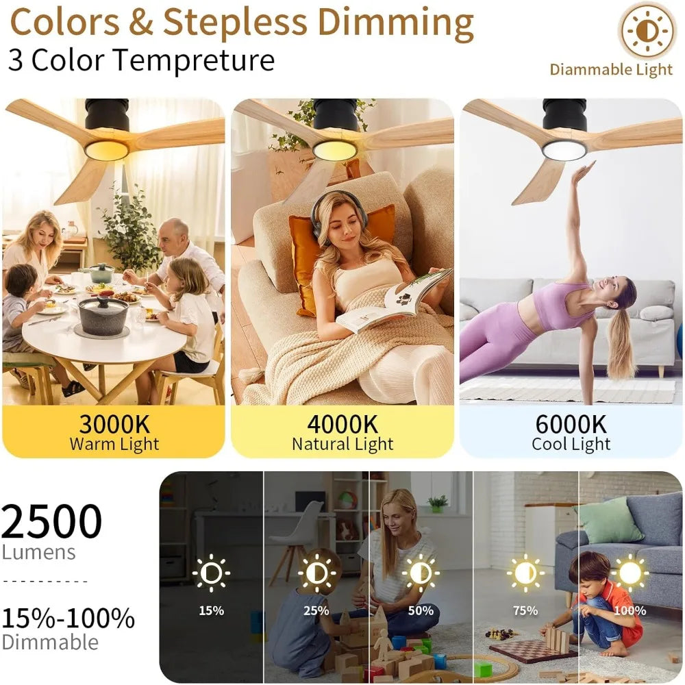 52inches Ceiling Fan with Lights,Wooden Flush Mount Ceiling Fans with Remote Control,Dimmable Light,3 CCT,6 Speeds,Noiseless,Cei