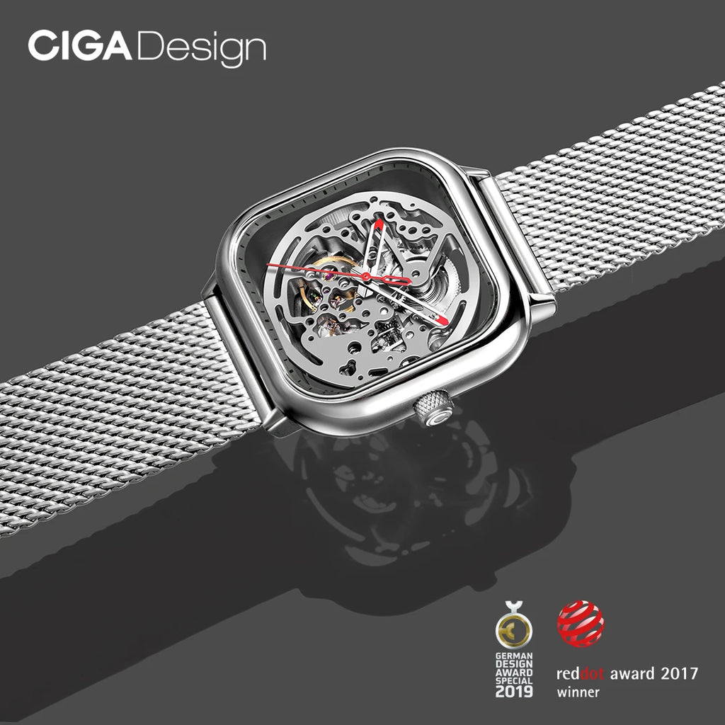 CIGA Design Mechanical Skeleton Watch for Men Women 316L Stainless Steel Square Case Automatic Movement Wrist Watches Timepiece
