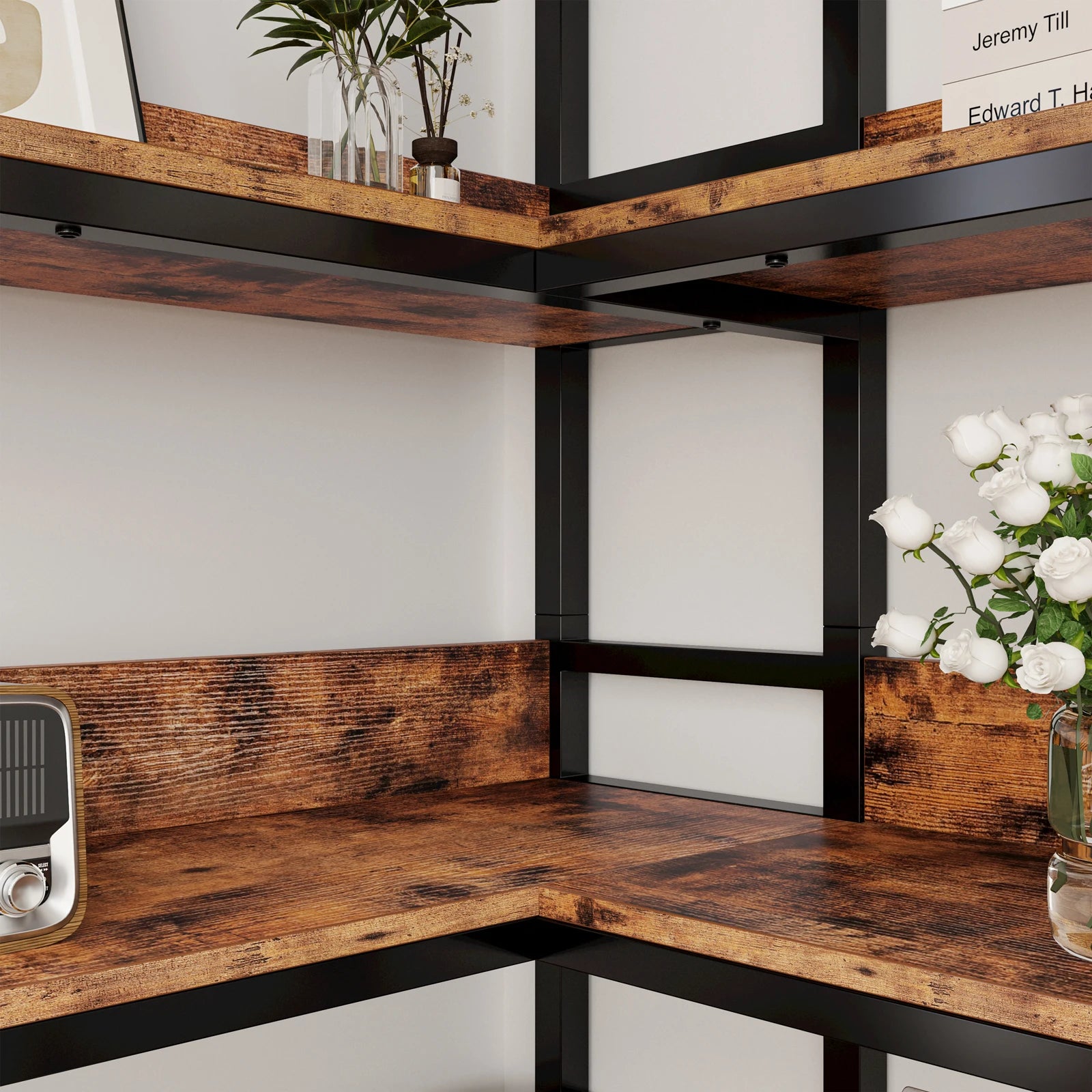 IRONCK Industrial Bookshelves 6 Tiers Corner Bookcases with Baffles Etagere Shelf Storage Rack with Metal Frame for Living Room