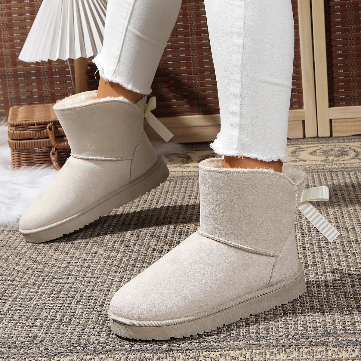 2025 New Women Snow Boots Couples Ankle Boots Fashion Round Toe Bow Thick Plush Casual Comfortable Women's Boots
