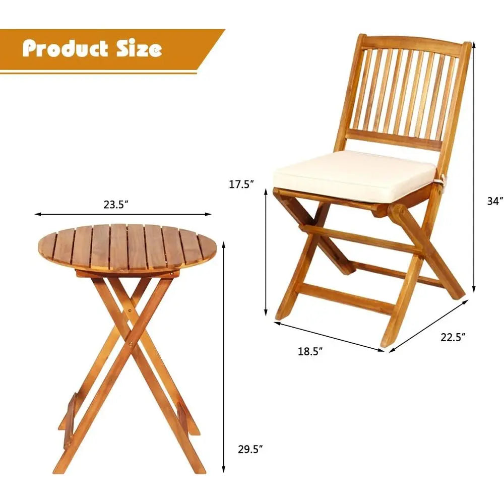 Outdoor Patio Bistro Set with Folding Wooden Table and 2 Cushioned Chairs, Natural and Beige for Garden and Yard