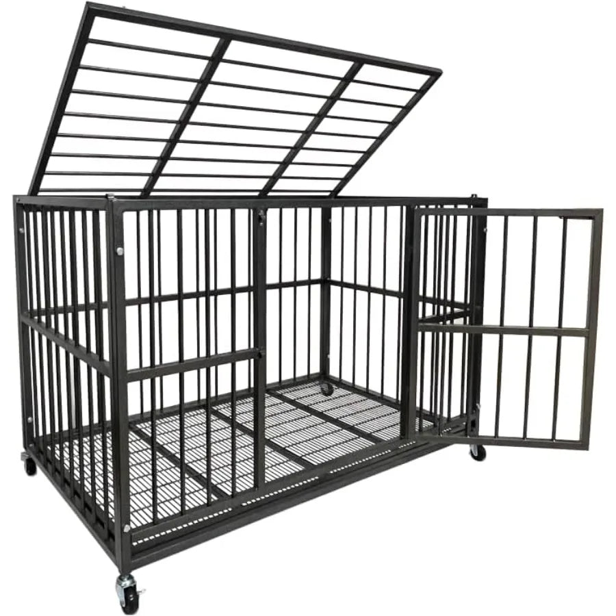 54/48/42/38 Inch Heavy Duty Dog Crate Cage with Wheels Indestructible and Escape Proof Steel Kennel Indoor for High Anxiety Dog