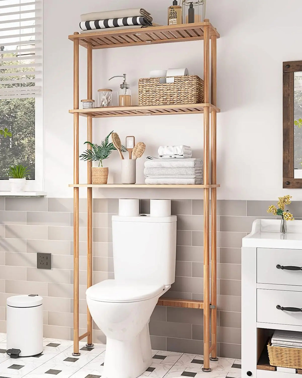 3-Tier Over Toilet Storage Shelf, Bamboo Organizer Rack for Bathroom and Laundry Space Saver, Natural Color