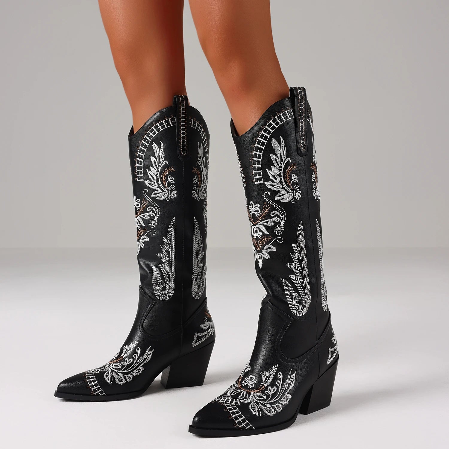 GIGIFOX Knee-High Boots Cowboy Boots For Women Western Cowgirl Boots Outdoor Mid Calf Snip Toe Boot With Chunky Heel Dress Wear